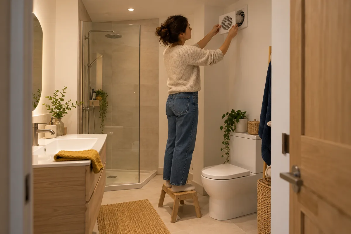 Une femme retire la grille d’un extracteur dans une salle de bain dépourvue de fenêtre.