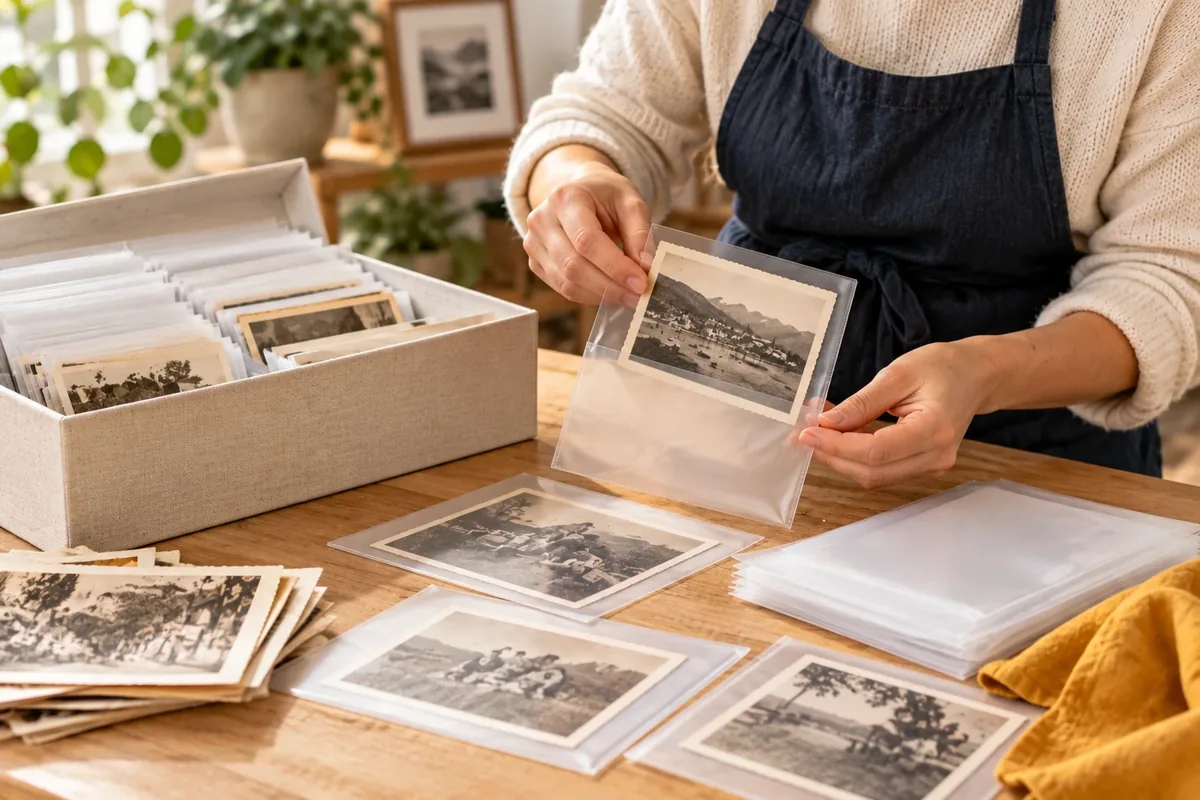 Mains glissant un tirage noir et blanc ancien dans une pochette transparente, près d'une boîte où d'autres photos sont rangées debout