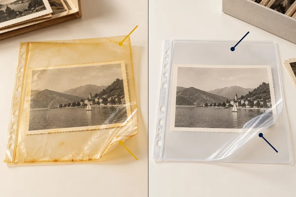 Comparaison entre une pochette photo jaunie et une pochette de conservation neutre
