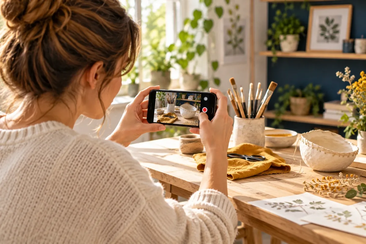 Personne filmant avec un smartphone tenu à deux mains, coudes repliés