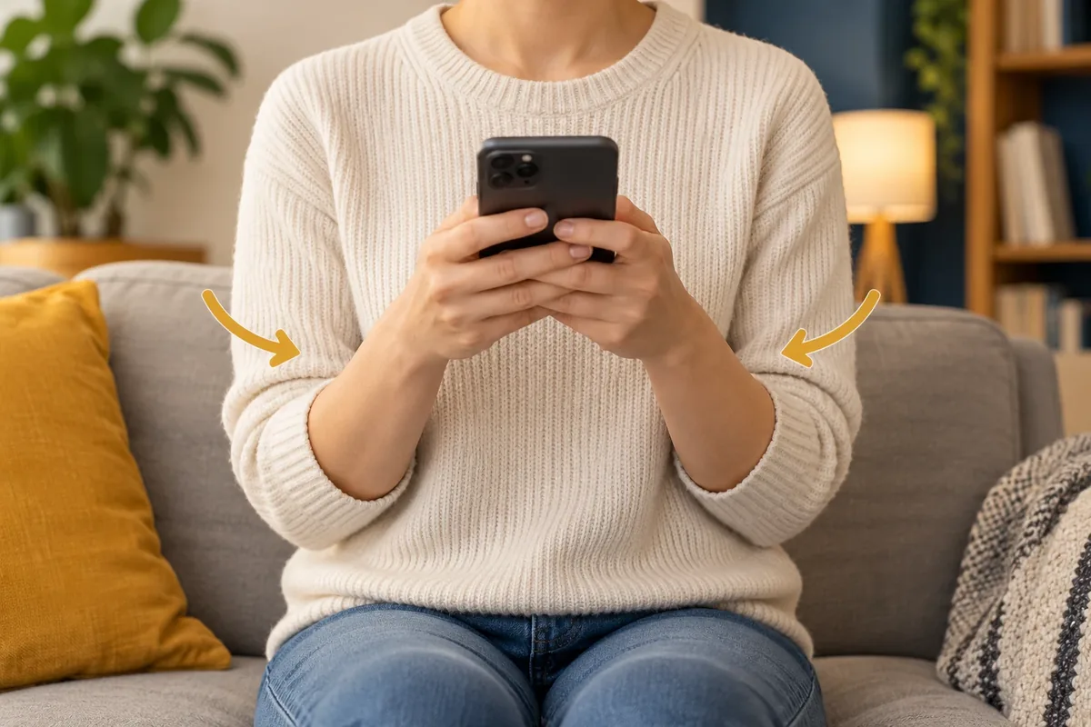 Mains tenant un smartphone à deux mains, coudes ramenés vers le corps