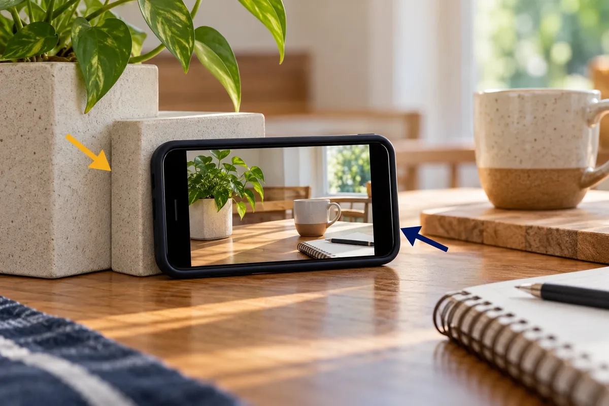Smartphone calé contre un support stable pour un plan fixe