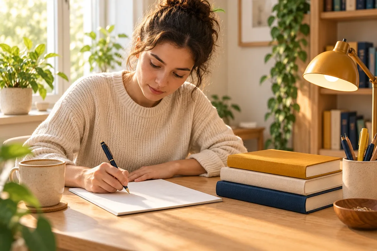 Personne révisant en rappelant de mémoire un cours fermé