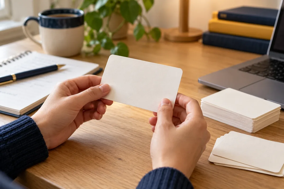 Mains tenant une carte de révision vierge au-dessus d'un bureau, avec des piles de cartes blanches, un carnet et un ordinateur portable