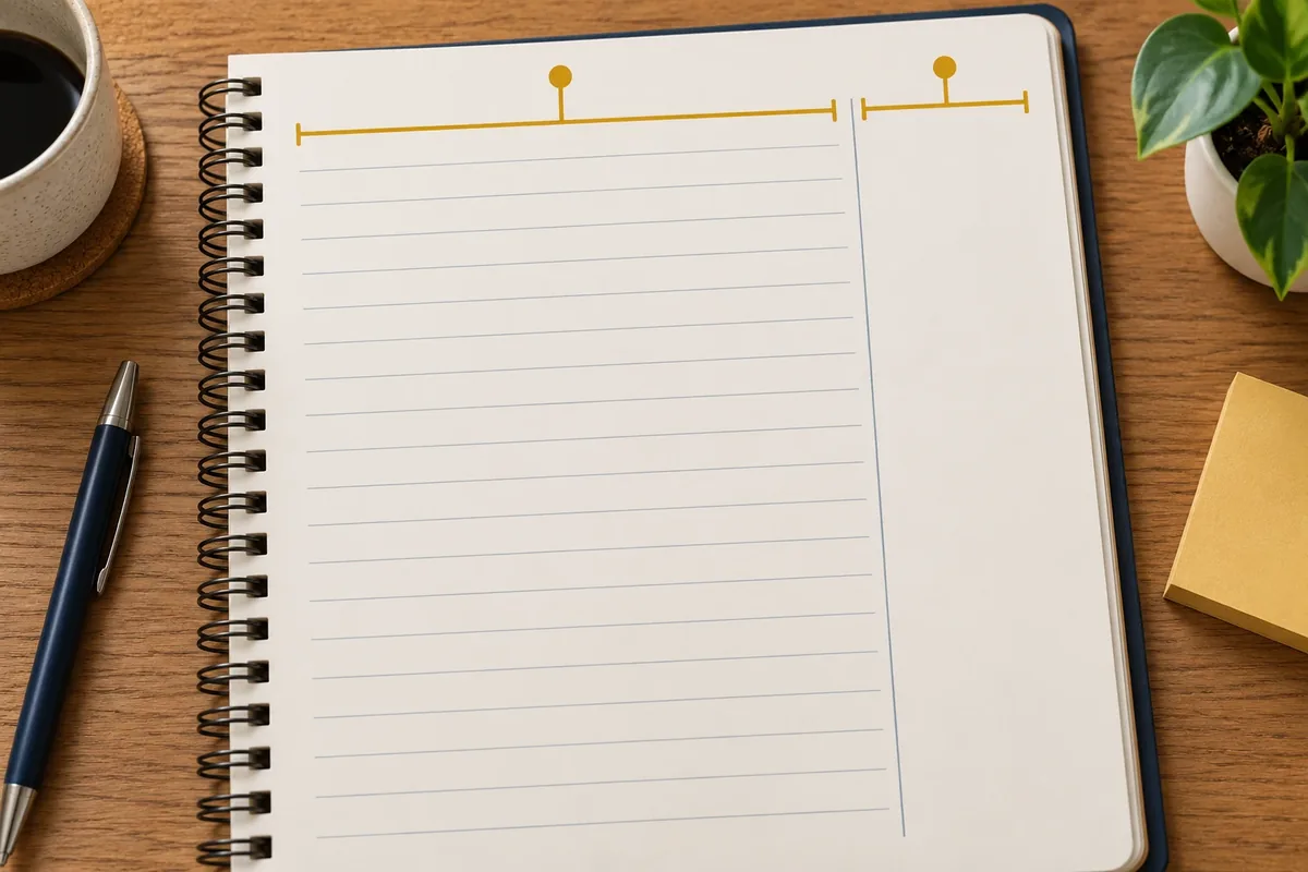 Page de carnet organisée en colonne principale et marge pour les questions