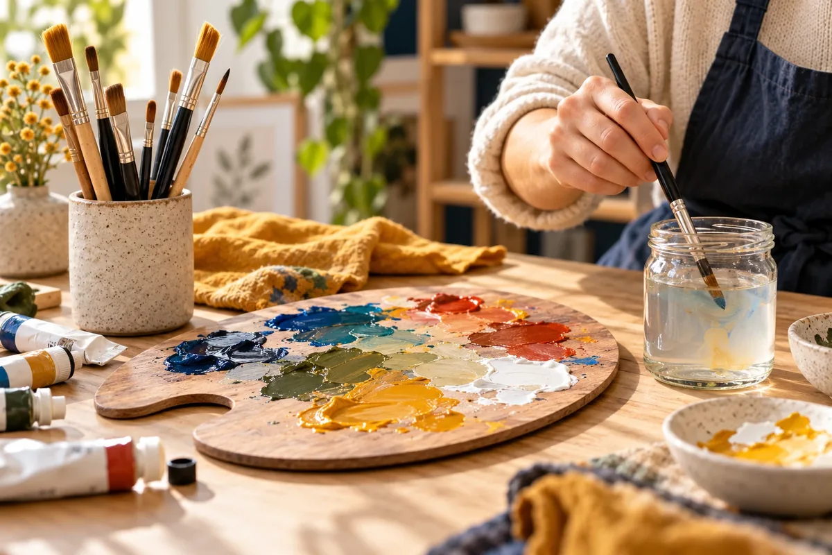 Palette de peinture acrylique avec touches de couleur et pinceau