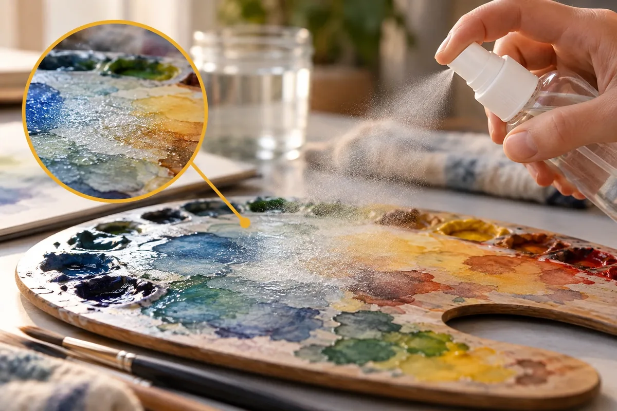 Vaporisation d'un brouillard fin d'eau au-dessus d'une palette de peinture