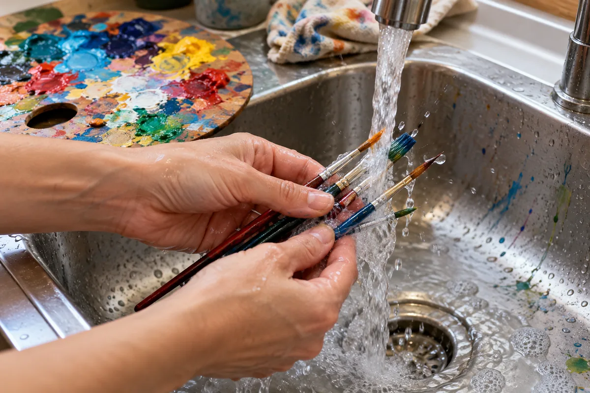 Des mains rincent sous l'eau du robinet plusieurs pinceaux fins d'artiste, une palette de peinture acrylique posée à côté.