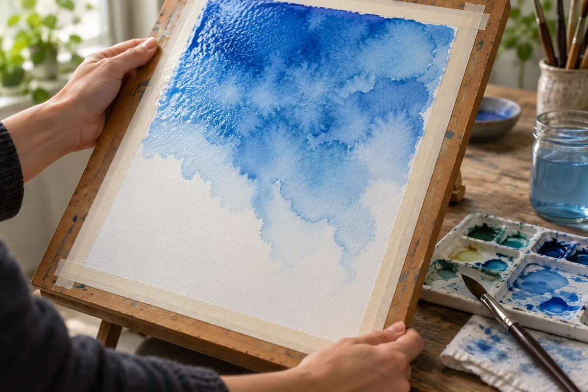 Deux mains inclinent une planche sur laquelle un lavis bleu d’aquarelle s’étale vers le bas du papier.