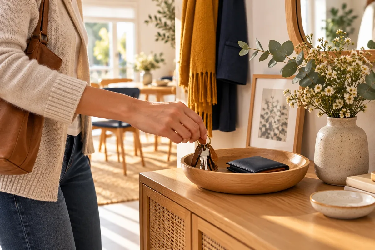 Vide-poche avec des clés et un portefeuille posés près de la porte d'entrée