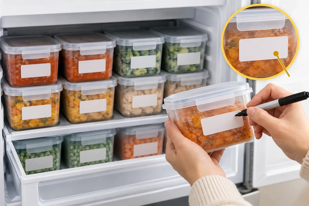 Portions de repas préparées et étiquetées rangées dans le congélateur