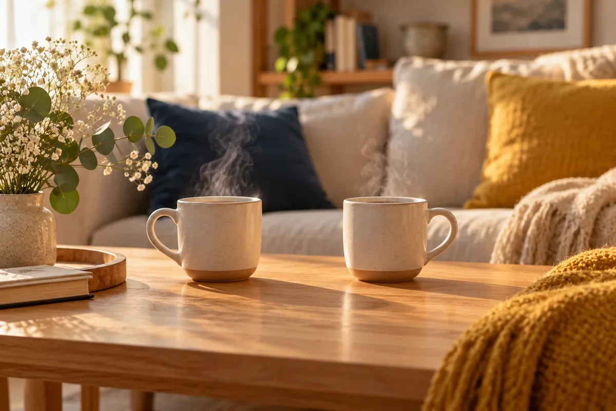 Deux tasses posées sur une table, dans une pièce chaleureuse, symbole d'une conversation de couple qui reprend calmement