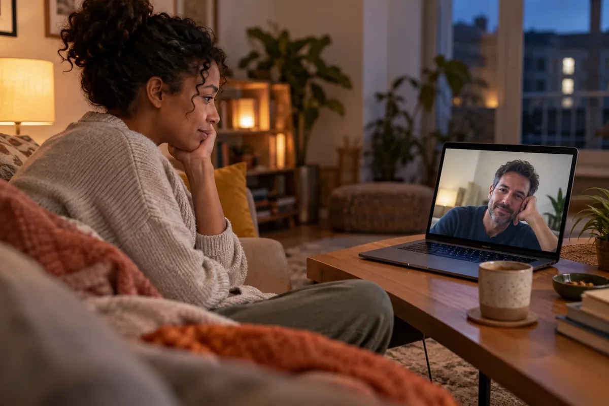 Une femme échange à distance avec son partenaire depuis son salon.