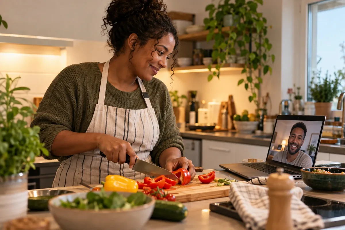 Une femme cuisine en partageant une activité à distance avec son partenaire.