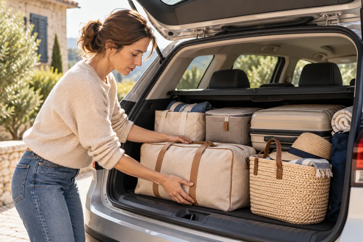 Coffre de voiture organisé avec des bagages rangés