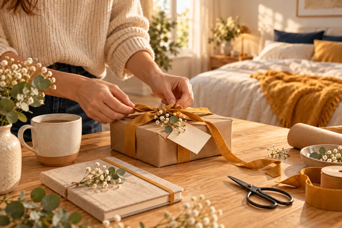 Un cadeau personnalisé emballé sobrement, posé sur une table en bois clair