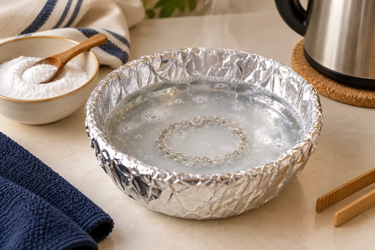 Récipient tapissé de papier aluminium avec un bijou en argent immergé dans un bain de bicarbonate