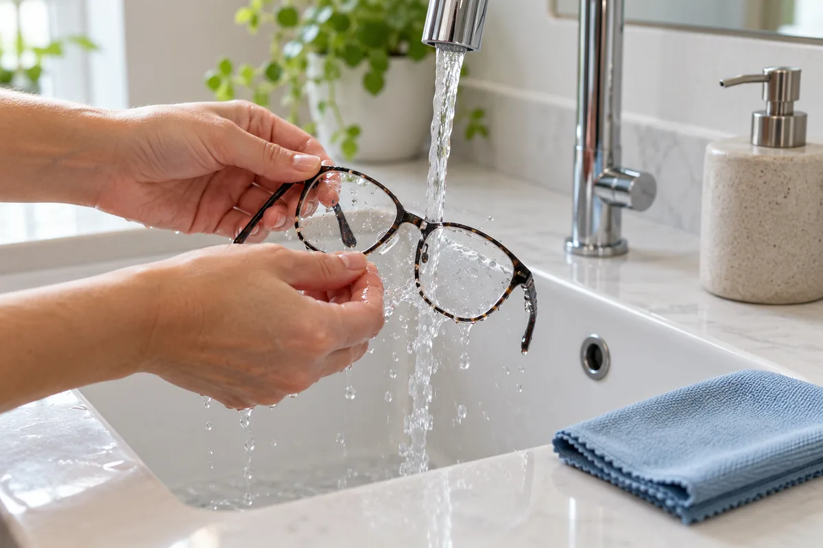 Des mains rincent une paire de lunettes sous le robinet d'un lavabo, une microfibre pliée posée à côté pour le séchage.
