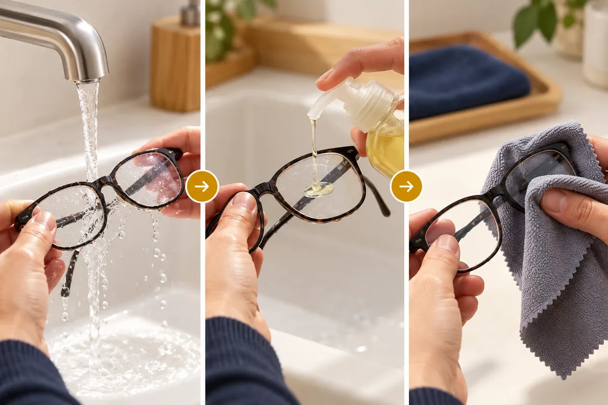 Trois étapes du nettoyage de lunettes