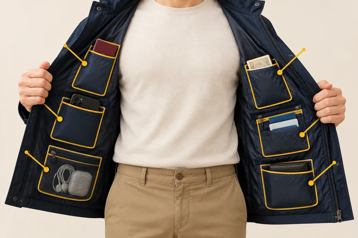 Schéma d'une silhouette montrant la répartition des objets de valeur dans plusieurs poches.