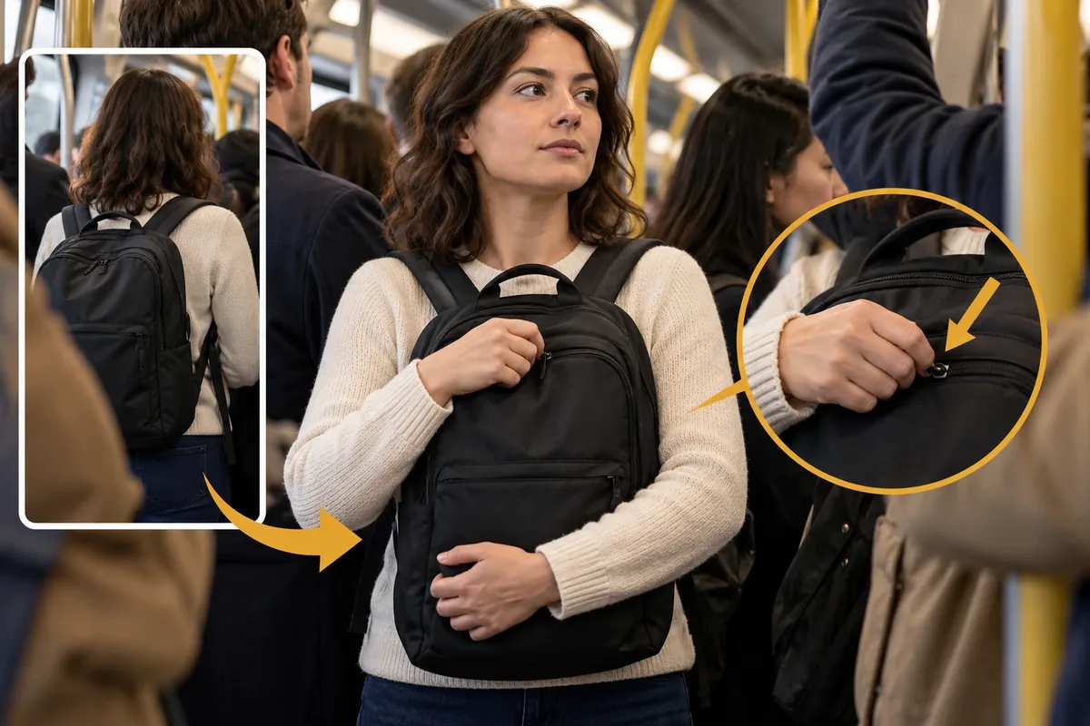Une personne porte son sac devant elle, une main sur la fermeture.