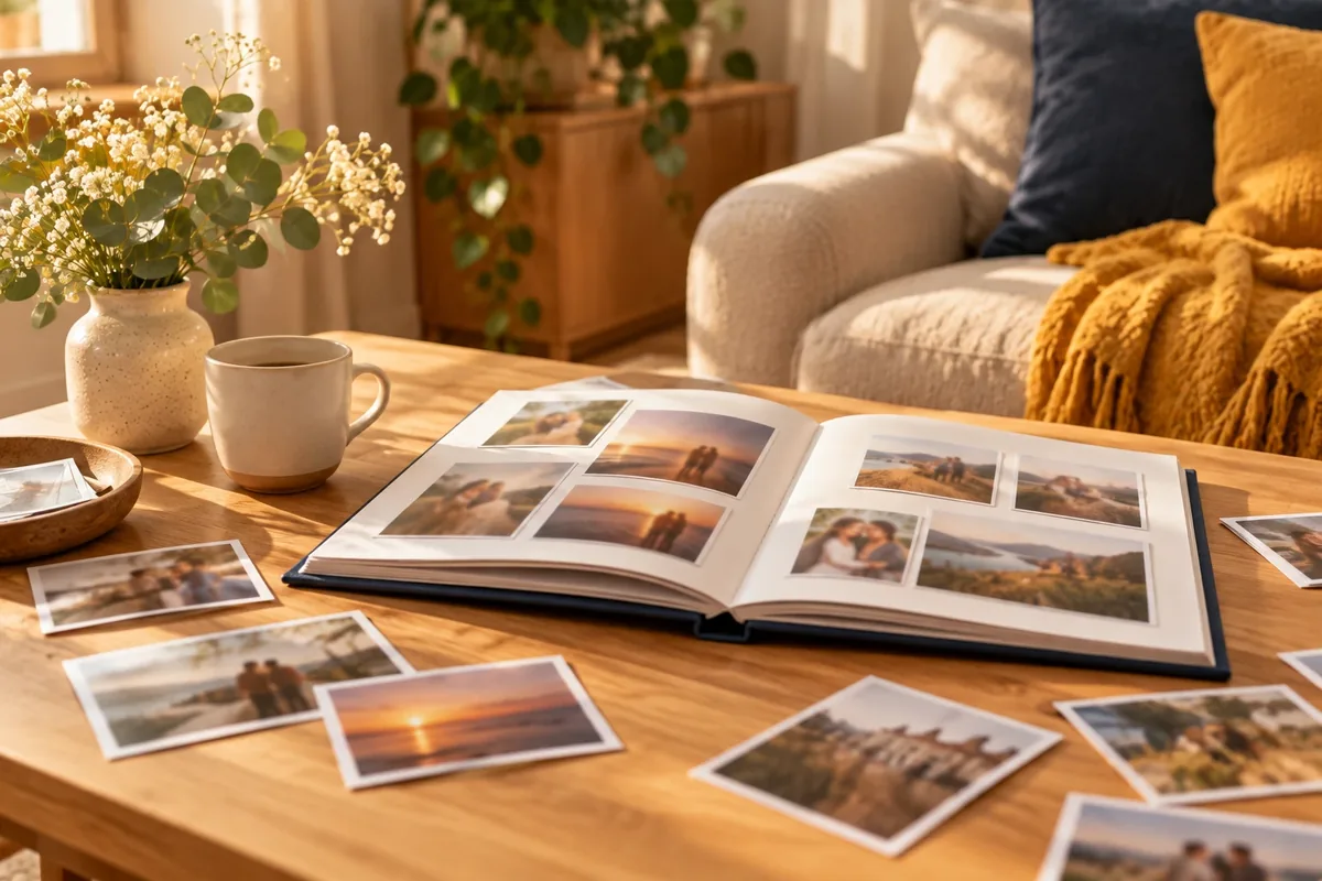 Un album photo ouvert sur une table, entouré de quelques tirages