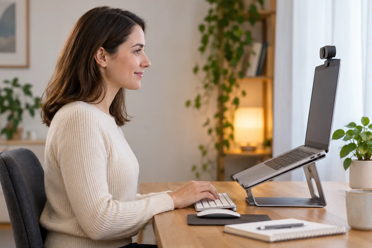 Une femme vue de profil travaille face à un portable surélevé sur un support, sa webcam placée à la hauteur de ses yeux.