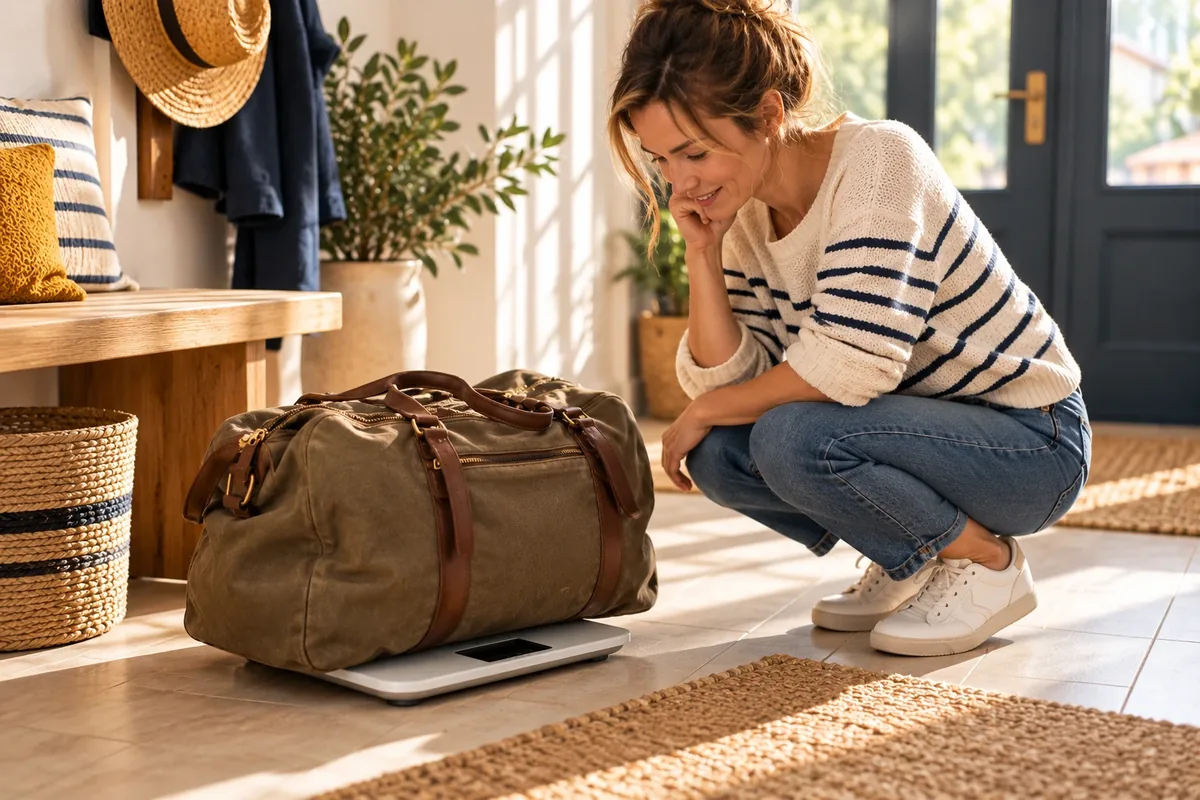 Femme accroupie regardant un sac de voyage en toile posé sur un pèse-personne, dans une entrée ensoleillée
