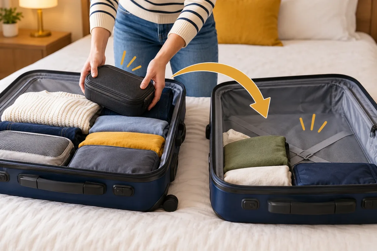 Schéma annoté montrant le déplacement d'un objet lourd entre deux bagages.