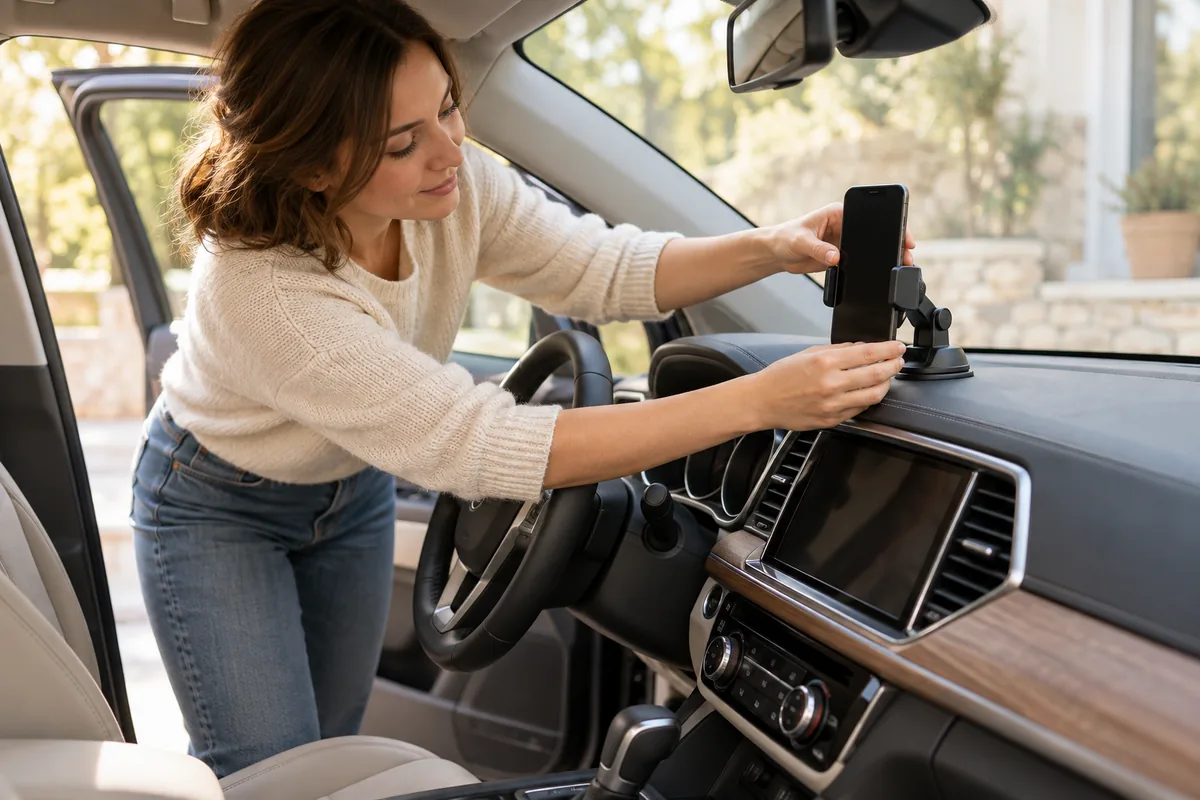 Une femme installe un téléphone sur un support de tableau de bord dans une voiture à l’arrêt.