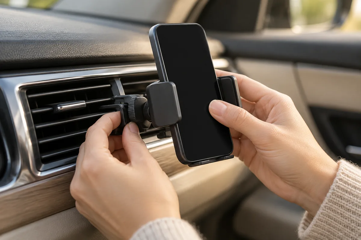 Deux mains fixent un support de téléphone compact, avec le téléphone en place, sur la grille d’aération d’une voiture.