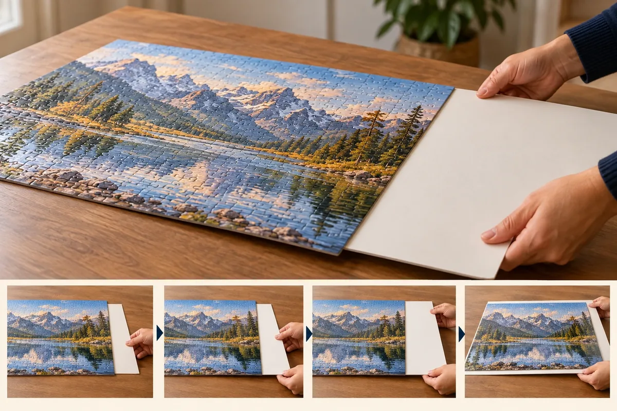 Feuille rigide glissée progressivement sous un puzzle assemblé