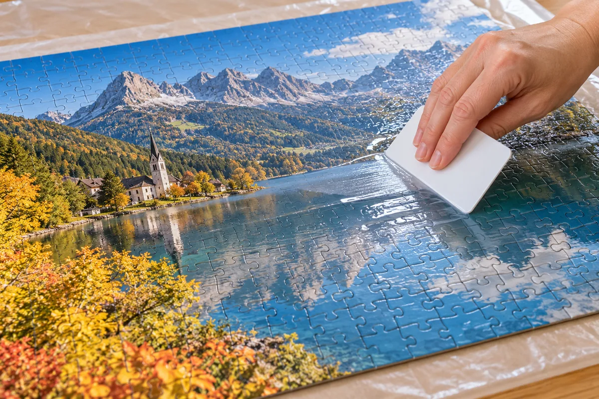 Une main étale une fine couche de colle sur un puzzle assemblé avec une carte plastique, le puzzle posé sur un film protecteur.