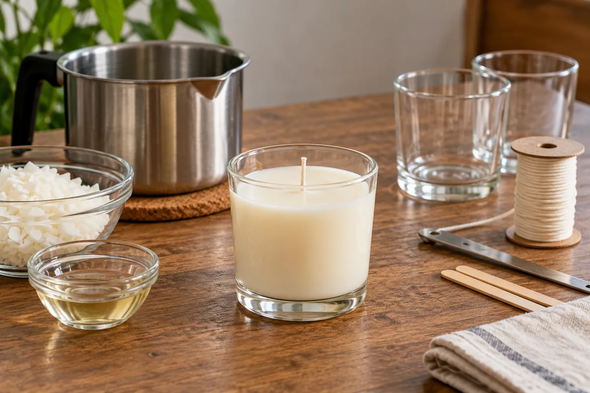 Une bougie maison dans un verre, entourée de cire en paillettes, d'un pichet de fonte, de verres vides et d'une bobine de mèche.