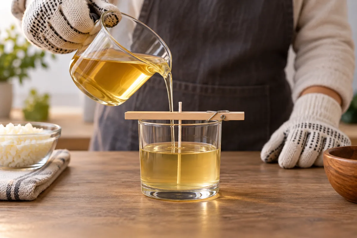 Des mains gantées versent lentement de la cire fondue dans un verre, la mèche maintenue droite au centre par une baguette de bois.
