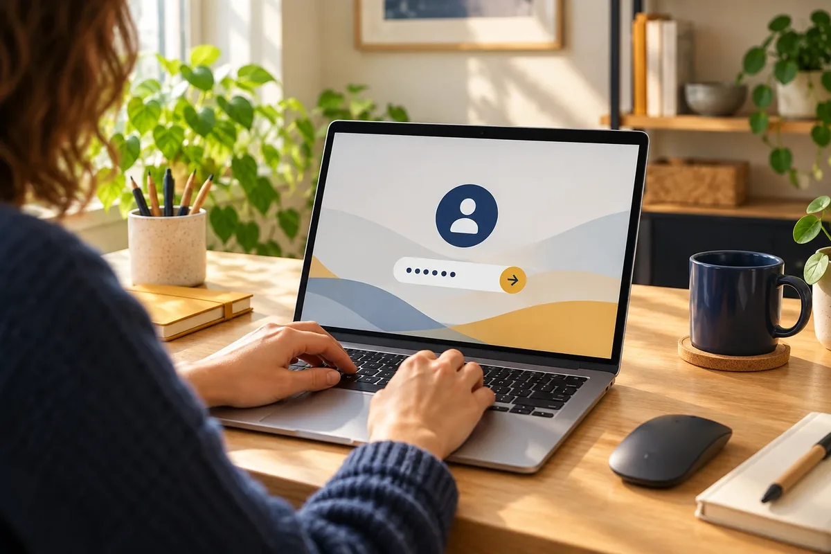 Ordinateur portable générique affichant un écran de connexion stylisé