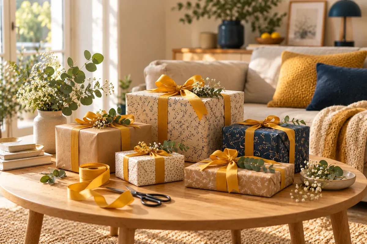 Plusieurs cadeaux emballés de tailles différentes disposés sur une table