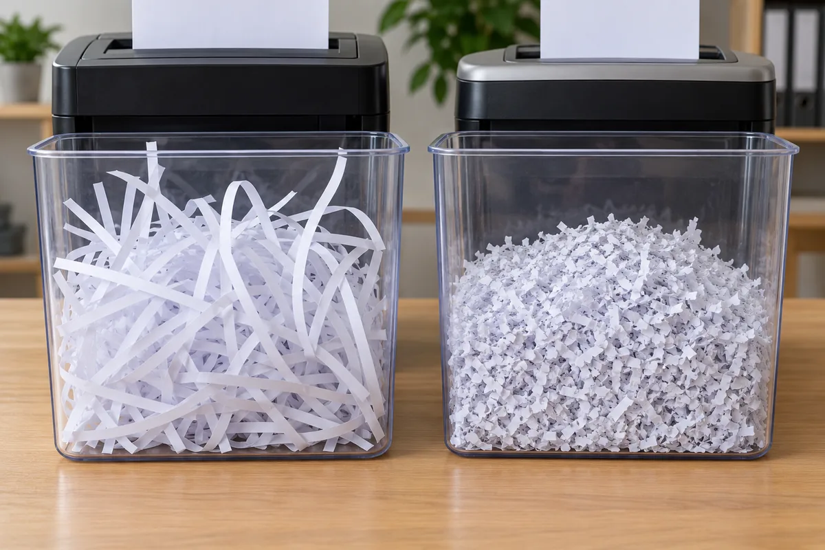 Deux destructeurs de documents côte à côte : l'un produit de longues lanières de papier, l'autre de petits fragments.
