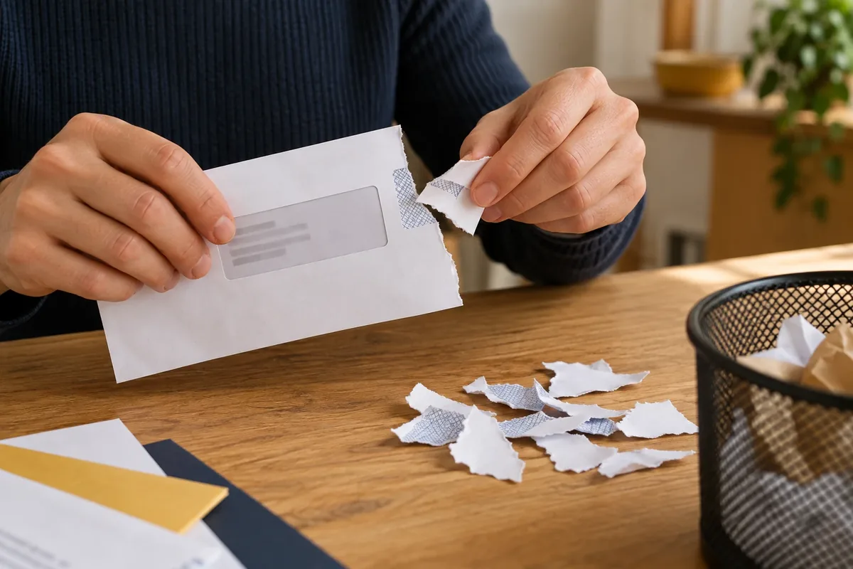 Mains déchirant à la main la partie sensible d'un document avant de le jeter