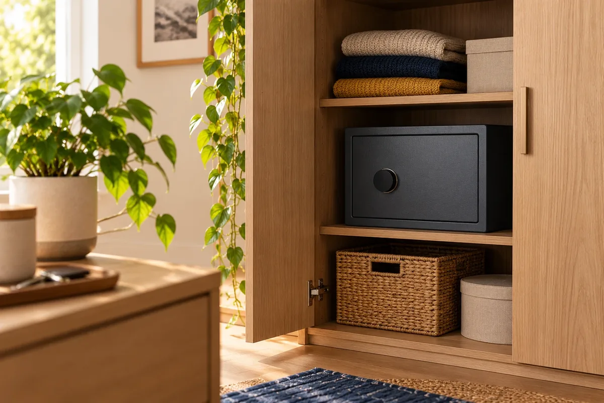 Petit coffre-fort domestique discret installé dans un placard