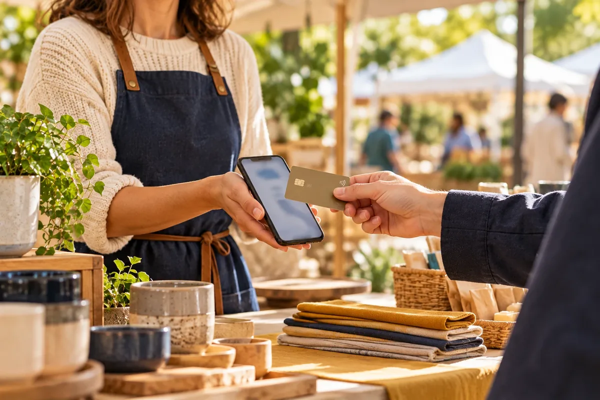 Artisan encaissant un paiement sans contact directement sur son smartphone