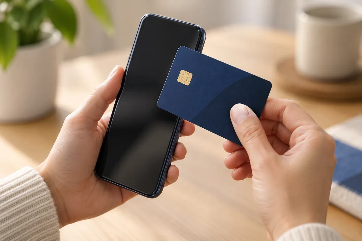 Carte bancaire approchée d'un smartphone pour un paiement sans contact