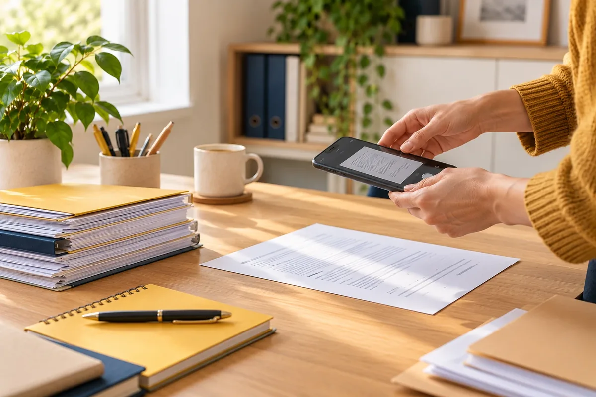 Tri de documents personnels et photographie d'une feuille avec un smartphone