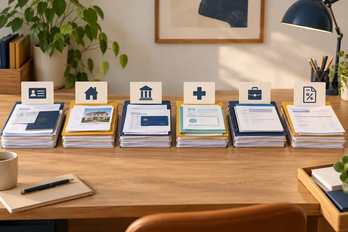 Piles de documents personnels triées par catégorie sur une table