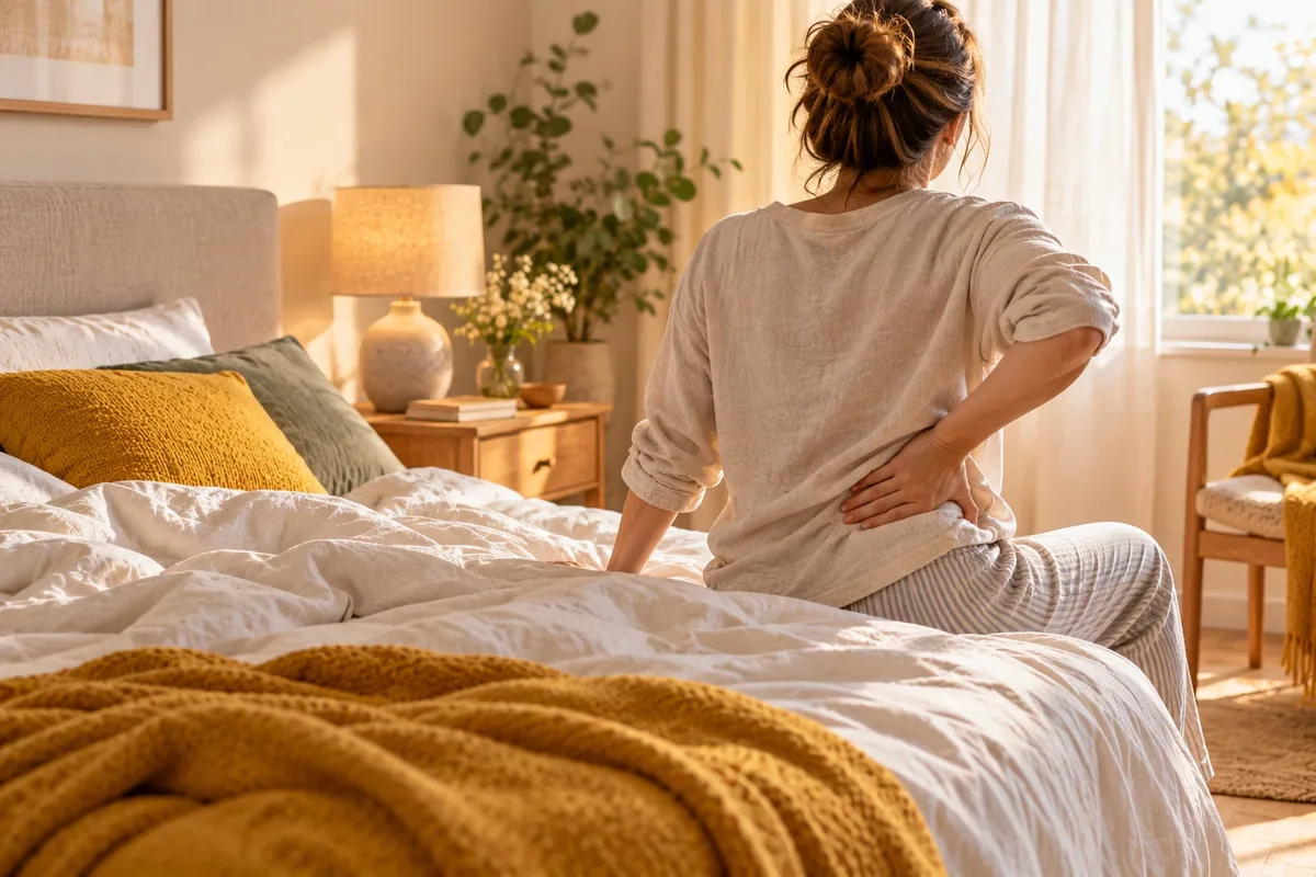 Une personne assise au bord de son lit le matin, la main posée doucement sur le bas du dos.
