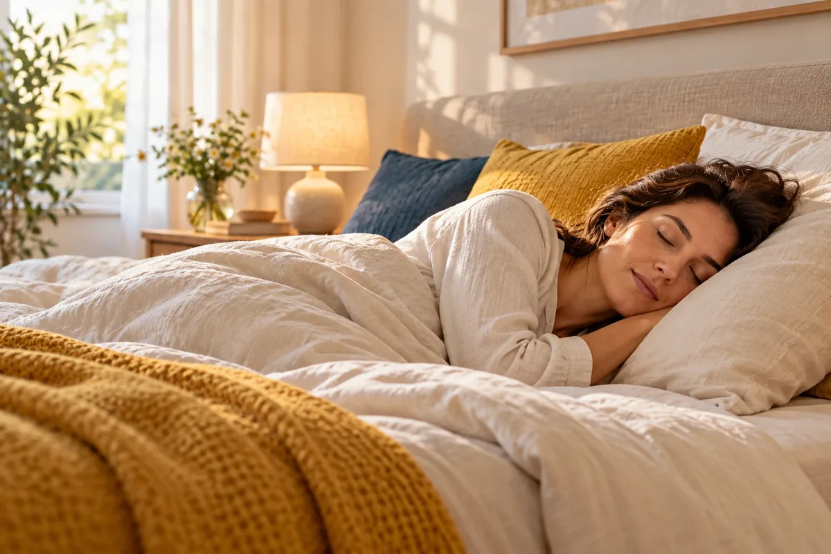Une chambre à coucher plongée dans une lumière chaude et tamisée, une personne endormie sur le côté.
