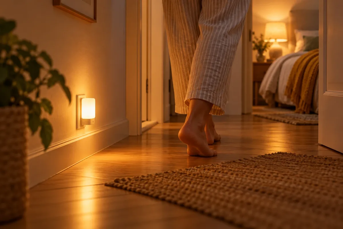Un couloir de nuit faiblement éclairé par une veilleuse ambrée posée près du sol.