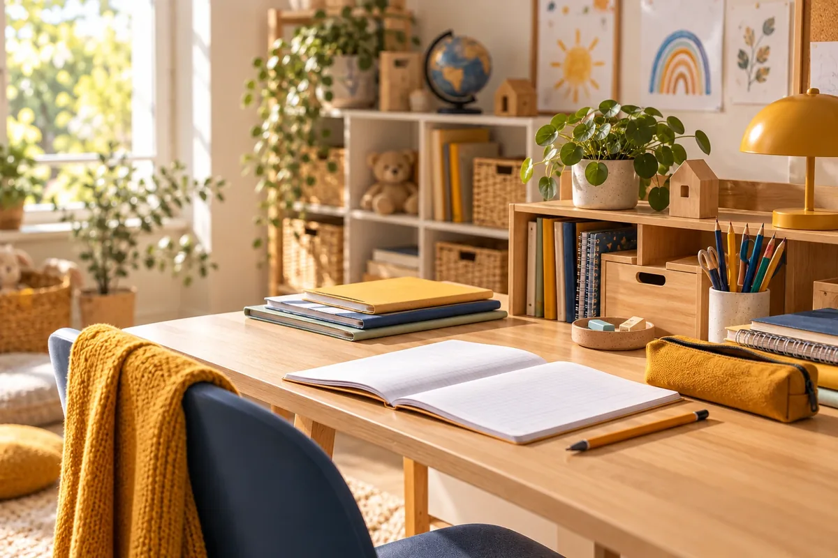 Bureau d'enfant rangé avec cahiers et matériel scolaire prêts pour les devoirs