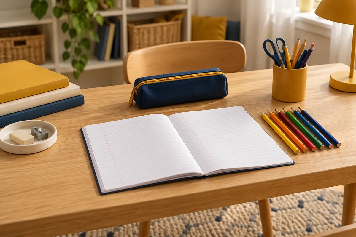 Table de travail préparée avec le matériel scolaire nécessaire
