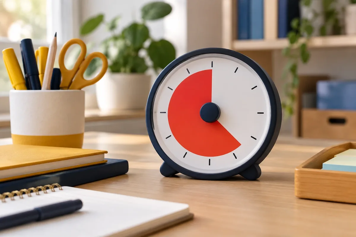 Minuteur visuel à disque coloré posé sur un bureau d'enfant